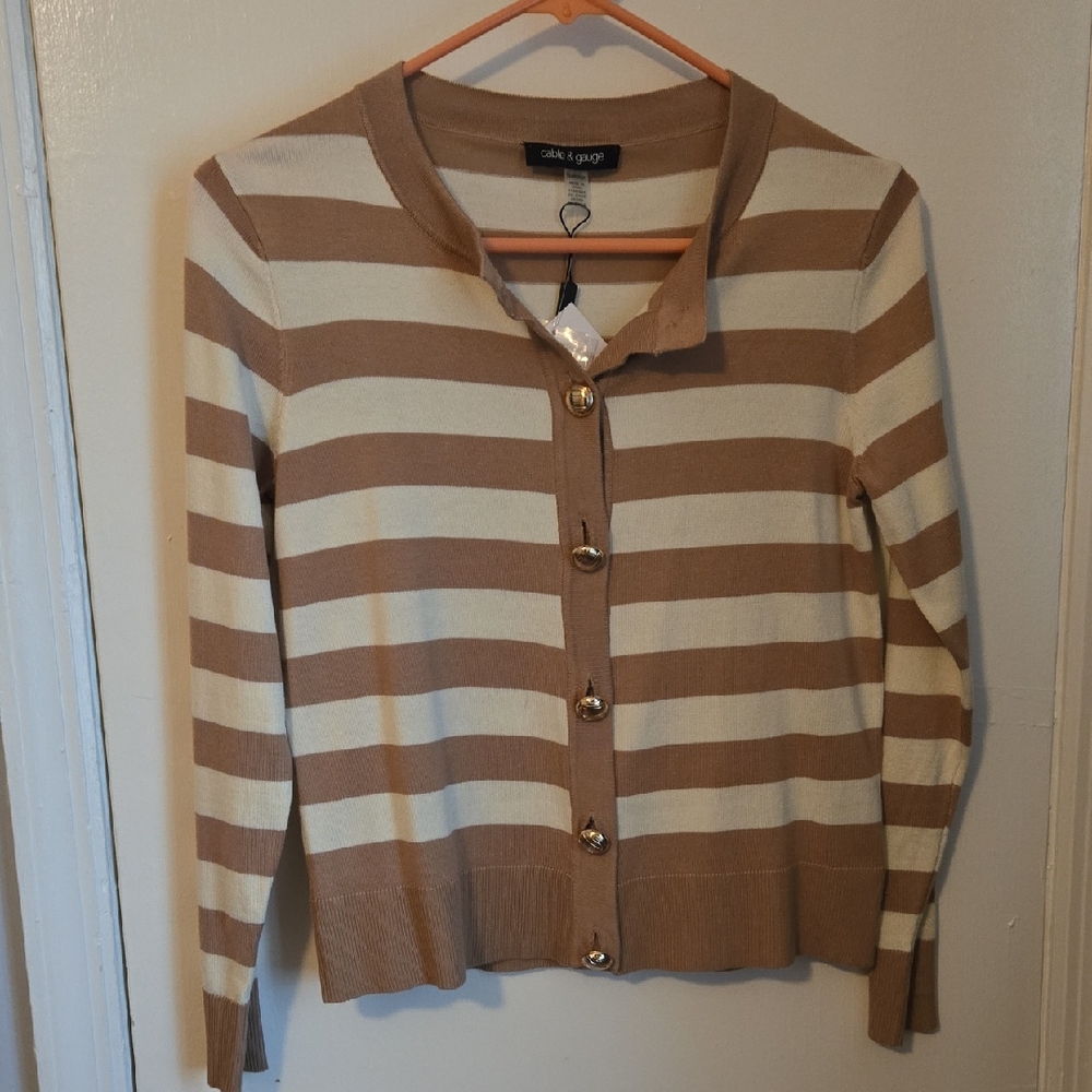 Cable & Gauge Striped Cardigan in Brown and Cream